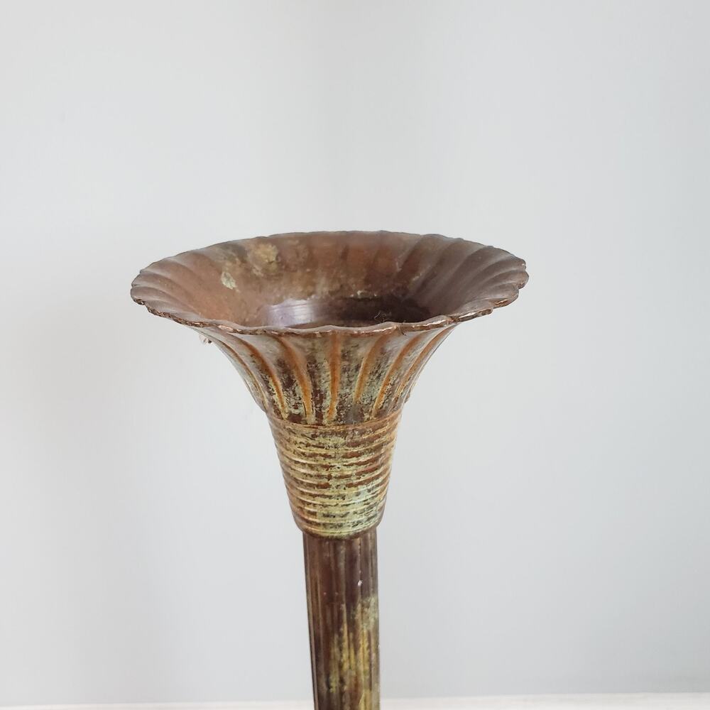Vintage 80s Large Candle Holders Set X Two Antique Bronze Patina 19" & 13" Decor - Picture 2 of 11